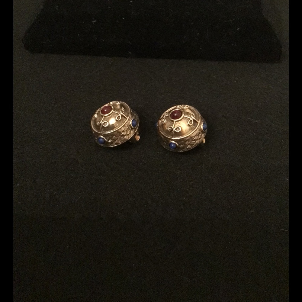 Round Gold Tone Clip Ons w Maroon & Blue Cabochons